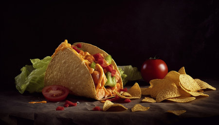 Freshly grilled beef taco on a crunchy tortilla chip plate generated by artificial intelligenceの素材
