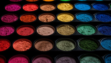 Vibrant colors in a row, crushed particle palette, shiny still life generated by artificial intelligenceの素材