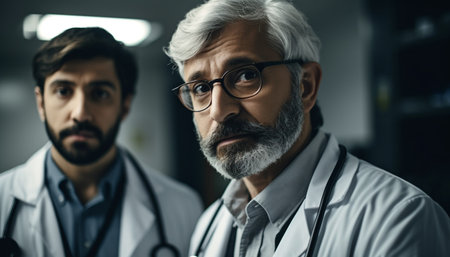 Confident mature doctor and businessman working together in medical office generated by artificial intelligenceの素材