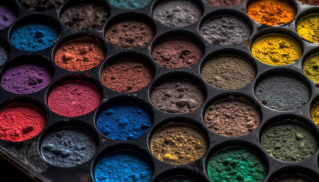 A large collection of vibrant eyeshadow colors in a row generated by artificial intelligenceの素材