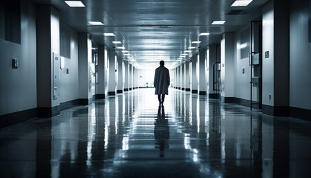 Lonely businessman walking through futuristic subway station, vanishing point ahead generated by artificial intelligenceの素材