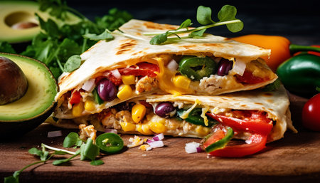 Fresh grilled beef burrito with guacamole and cilantro on flatbread generated by artificial intelligenceの素材