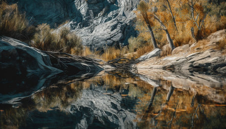 Tranquil scene of natural beauty mountain, forest, and flowing water generated by artificial intelligenceの素材