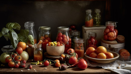 Fresh organic vegetarian salad with ripe tomato and bell pepper generated by artificial intelligenceの素材