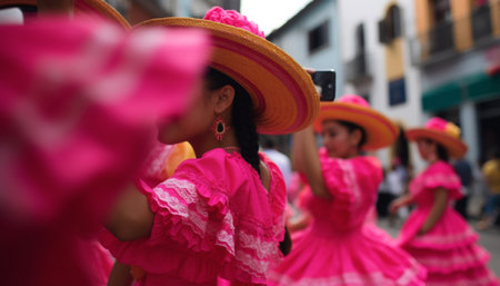 Smiling dancers in traditional clothing celebrate indigenous culture at festival generated by artificial intelligenceの素材