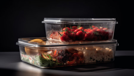 Organic fruit bowl, a refreshing snack for healthy eating indoors generated by artificial intelligenceの素材