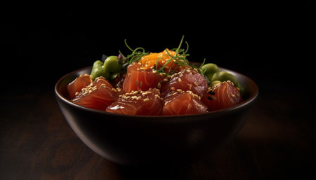 Fresh vegetarian salad bowl with ripe tomato and organic leaf generated by artificial intelligenceの素材