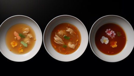 Healthy gourmet lunch vegetable soup with fresh fish and parsley generated by artificial intelligenceの素材