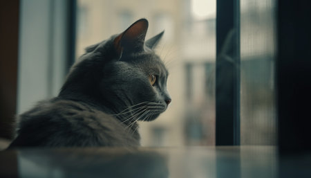 Fluffy kitten staring out window, cute feline relaxation indoors generated by artificial intelligenceの素材