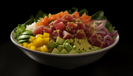 Fresh salad bowl with organic vegetables, green leaves, and tomato generated by artificial intelligenceの素材