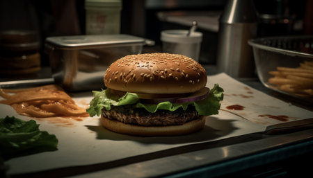 Freshly grilled gourmet burger on sesame bun with cheese and fries generated by artificial intelligenceの素材
