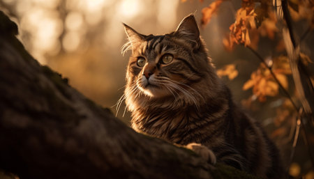 Fluffy kitten sitting on tree branch, staring at autumn sunset generated by artificial intelligenceの素材