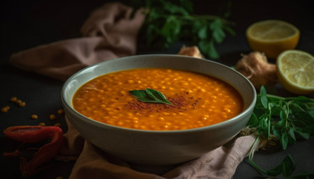 Fresh vegetarian pumpkin soup, a healthy gourmet autumn appetizer generated by artificial intelligenceの素材