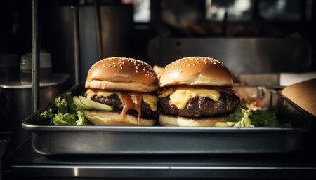 Grilled gourmet cheeseburger on sesame bun, with fresh tomato and onion generated by artificial intelligenceの素材