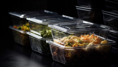 Fresh gourmet seafood salad cooked indoors in organic container generated by artificial intelligenceの素材