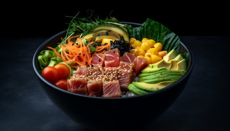 Fresh seafood fillet on a bed of healthy vegetable salad generated by artificial intelligenceの素材