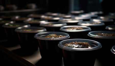 A large group of bottles in a row, wet with liquid generated by artificial intelligenceの素材