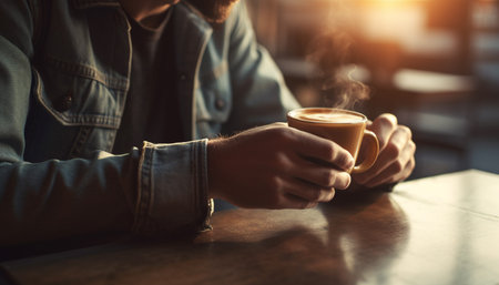 Casual man holding cappuccino at coffee shop barista counter generated by artificial intelligenceの素材