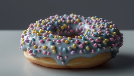 Indulgent baked pastry item with pink icing and strawberry decoration generated by artificial intelligenceの素材