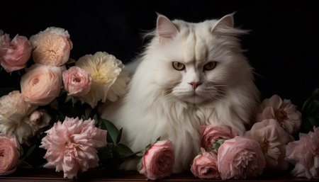 Fluffy Persian kitten sitting among pink blossoms, looking at camera generated by artificial intelligenceの素材