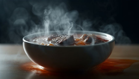 Healthy eating Gourmet soup with cooked meat and vegetables generated by artificial intelligenceの素材