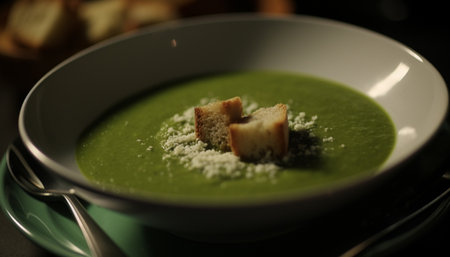 Healthy vegetarian soup with fresh broccoli and creamy pumpkin puree generated by artificial intelligenceの素材