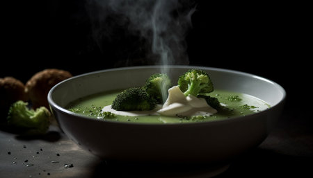 Healthy vegetarian soup with fresh broccoli, pureed to perfection generated by artificial intelligenceの素材
