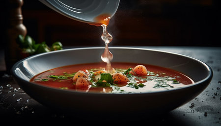 Healthy vegetarian soup with fresh organic ingredients and homemade bread generated by artificial intelligenceの素材