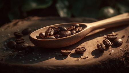 Freshly roasted coffee beans stacked on rustic wooden table generated by artificial intelligenceの素材