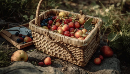 Fresh organic fruit basket, ripe for healthy summer picnics generated by artificial intelligenceの素材