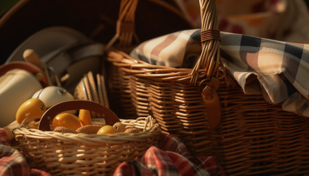 Woven plaid picnic basket filled with fresh organic fruit for summer generated by artificial intelligenceの素材