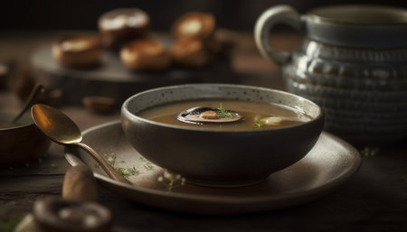 Freshly cooked vegetable soup served in rustic crockery on wooden table generated by artificial intelligenceの素材