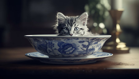 Cute kitten sitting on table, staring at saucer of milk generated by artificial intelligenceの素材