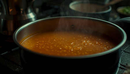 Healthy vegetable soup cooked on metal stove in domestic kitchen generated by artificial intelligenceの素材