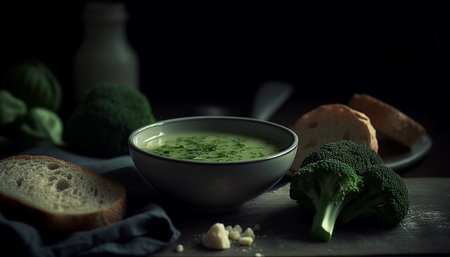 Organic vegetable soup on rustic wooden table, a healthy meal generated by artificial intelligenceの素材