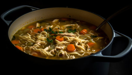 Fresh vegetable soup with homemade broth and cooked chicken meat generated by artificial intelligenceの素材