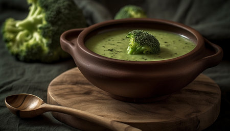 Organic vegetarian soup with fresh broccoli and creamy pureed texture generated by artificial intelligenceの素材