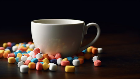 Stack of colorful pills spill from container, addiction and healthcare generated by artificial intelligenceの素材
