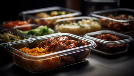 Grilled chicken and vegetable plate, a gourmet healthy meal generated by artificial intelligenceの素材