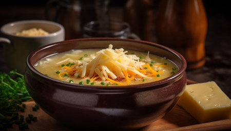Rustic homemade meal on wooden table with fresh vegetarian soup generated by artificial intelligenceの素材