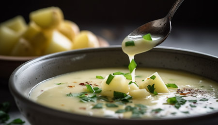 Healthy vegetarian soup, creamy and fresh, served in rustic bowl generated by artificial intelligenceの素材