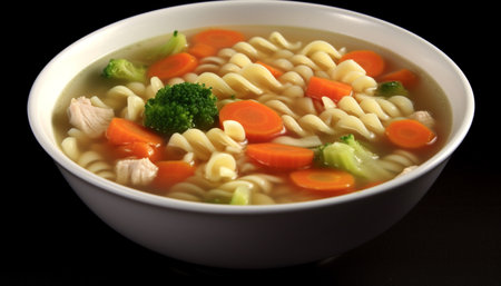 Healthy vegetarian lunch Broccoli soup with pasta and fresh vegetables generated by artificial intelligenceの素材