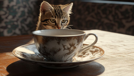 Cute kitten sitting on table, drinking coffee from saucer generated by artificial intelligenceの素材