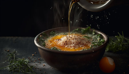 Healthy vegetarian soup with fresh organic ingredients cooked in crockery generated by artificial intelligenceの素材