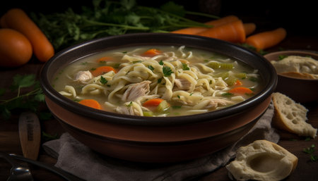 Healthy homemade vegetable soup with fresh carrots and parsley generated by artificial intelligenceの素材