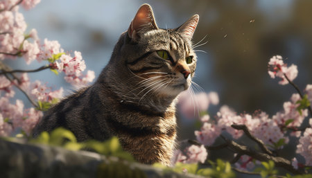 Fluffy kitten sitting in green meadow, playful and cute generated by artificial intelligenceの素材