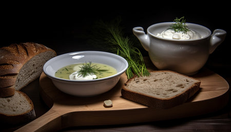 Rustic homemade soup and bread on wooden table, healthy meal generated by artificial intelligenceの素材