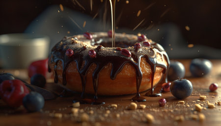 Indulgent homemade chocolate berry pie on rustic wooden table generated by artificial intelligenceの素材