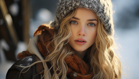 Beautiful young woman in warm winter clothing smiling at camera generated by artificial intelligenceの素材