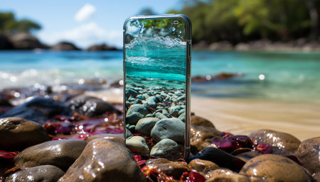 Idyllic waters edge, tranquil scene, green mountain, liquid relaxation generated by artificial intelligenceの素材